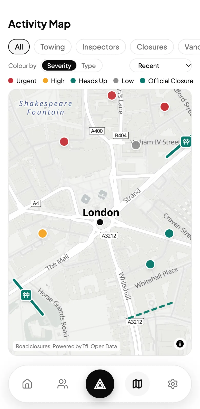 The KerbAlert activity map of central London, with reports shown as pins coloured by urgency.