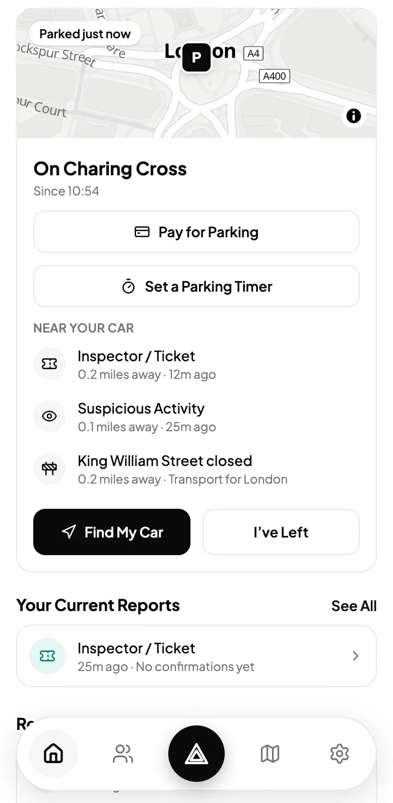KerbAlert&rsquo;s parked car card: where you left the car, buttons to pay for parking and set a timer, and wardens and a road closure nearby.